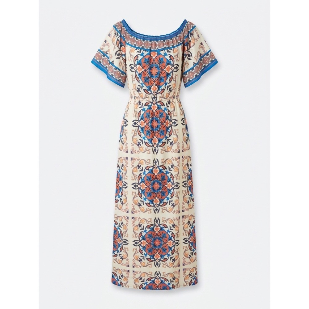 Flying Tomato Boho Medallion Print Maxi Dress Blue Orange Off Shoulder Large